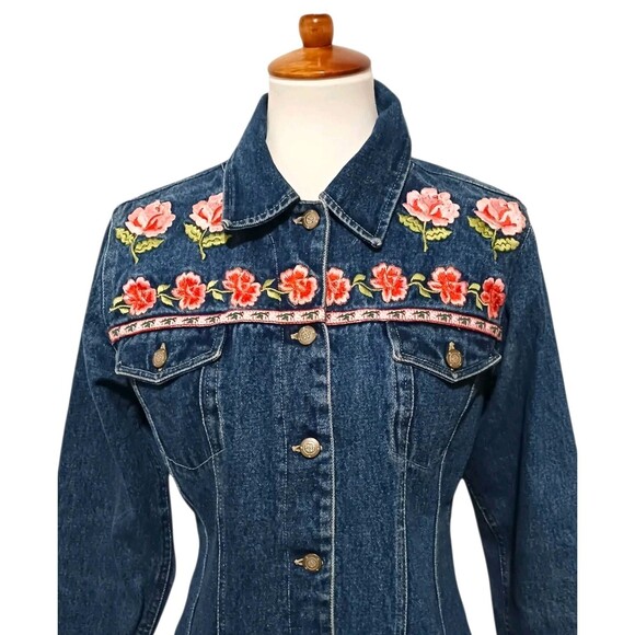 Vintage 90's Denim Jean Jacket Bill Blass Women's Small Floral Embroidered Y2K - Picture 2 of 5